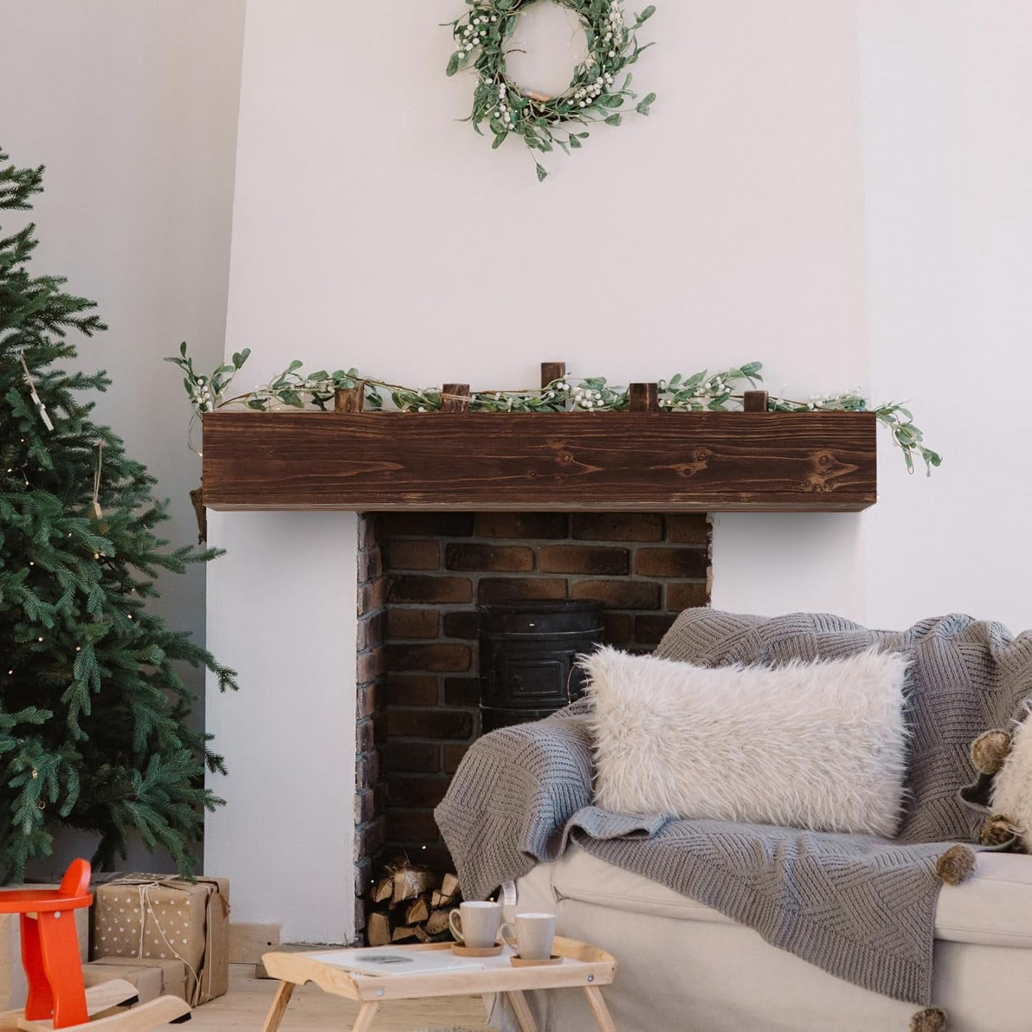 48" Rustic Wood Fireplace Mantel, Wall-Mounted & Floating Shelf for Home Wall Decor, Rustic Cedar Wood Floating Farmhouse Shelf Handcrafted Wall Mounted for Bathroom, Espresso