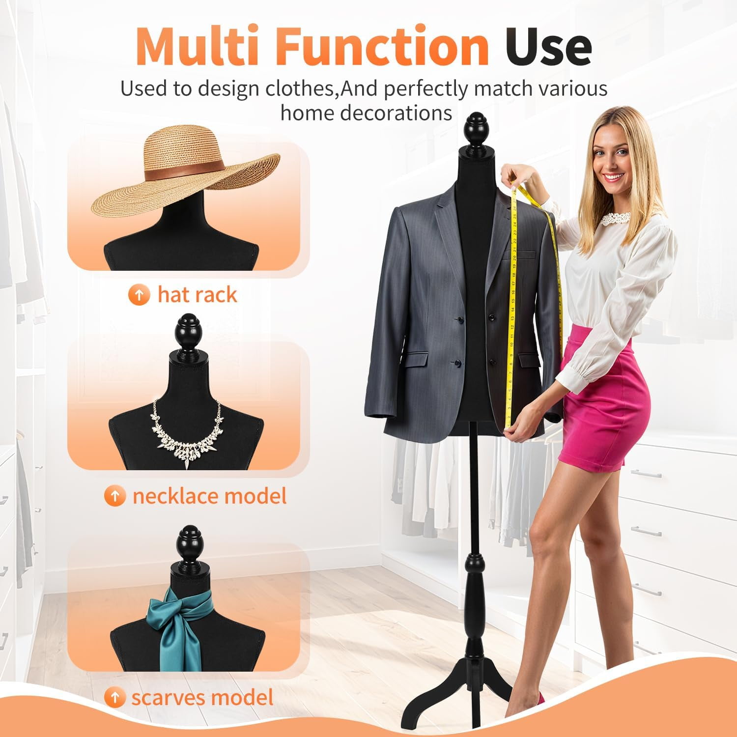 Dkelincs Female Mannequin Torso 60"-67" Height Adjustable Manikin Dress Form Model with Wooden Tripod Stand for Clothes, Jewelry Display (Black)