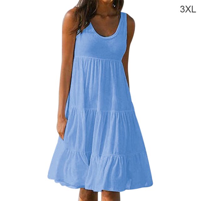 Robe Femme Col Rond Robe à Bretelles Fille Col Sans Manches Vêtements de Plage, Bleu Ciel, 3TG