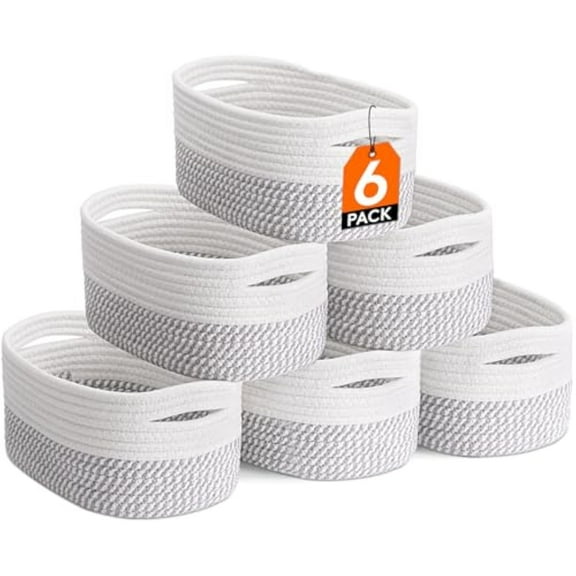 Lifewit 6 Pack Woven Baskets for Storage, Cotton Rope Baskets Cube Storage Bins, Cute Small Shelf Baskets for Organizing, Round Storage Box Caddy for Living Room, Bedroom, Playroom, White & Gray