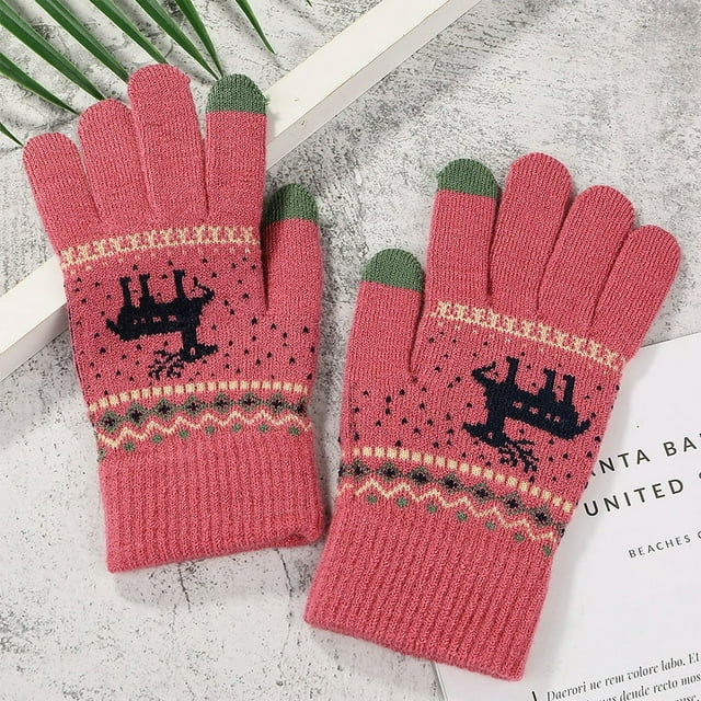 Winter Touch Screen Gloves Snow Flower Printing Keep Warm for Women and Men