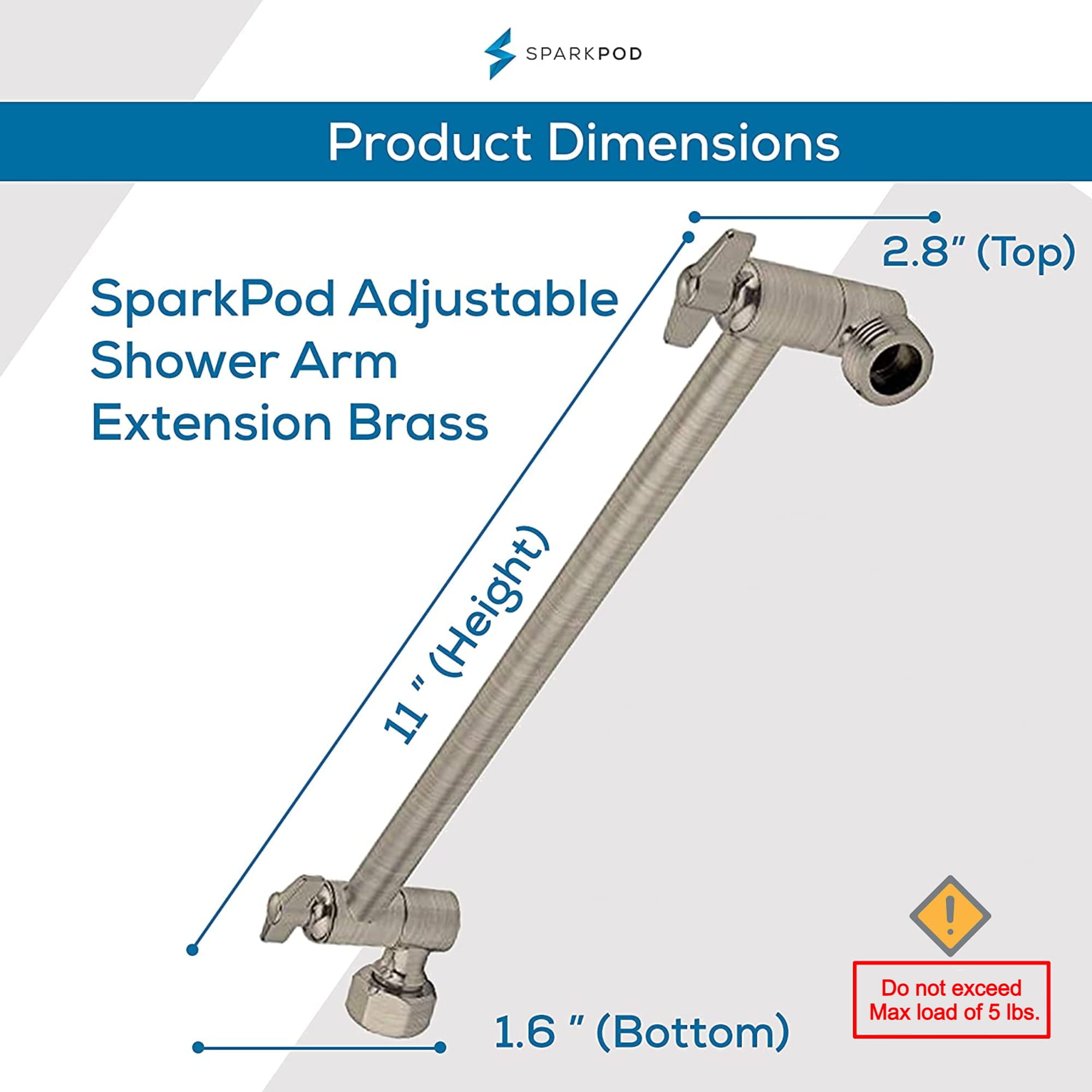 SparkPod Adjustable Shower Head Extension Arm - 11" Brass Rain Shower Arm with Universal Fit (Elegant Brushed Nickel)