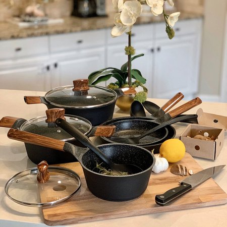 MF Studio 12 Piece Nonstick Cookware Set  Cast Aluminum Pots and Pans Set  Black