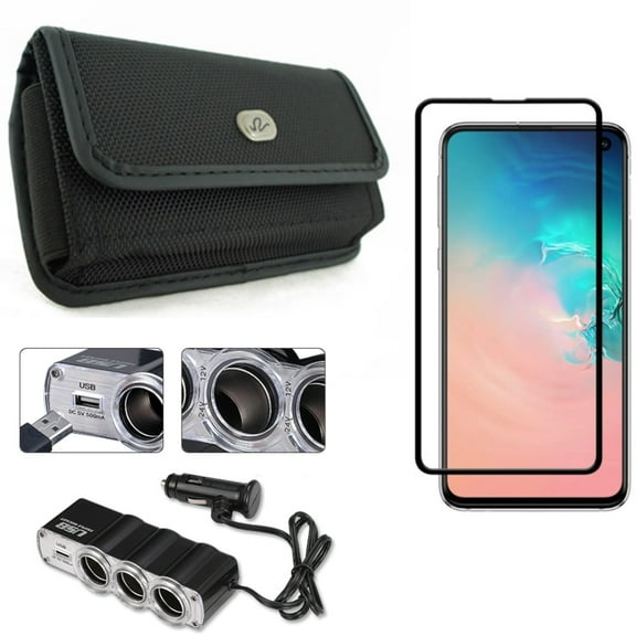 Galaxy S10e Screen Protector w Case Belt Clip w Car Charger - Tempered Glass 5D Curved Edge, Rugged Holster Canvas, Splitter 3-Port DC Socket for Samsung Galaxy S10e Phone