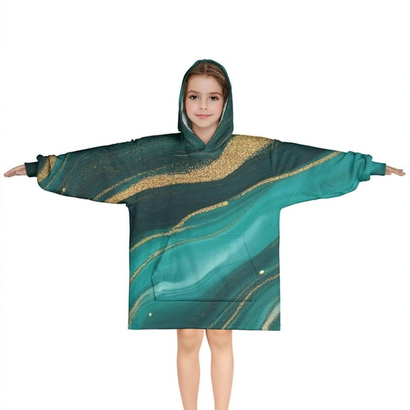 Teal Gold Marble Wave Dot Pattern Blanket Hoodies for Kids 6-13YR Oversize Wearable Blanket Hoodies for Boys Girls Teens
