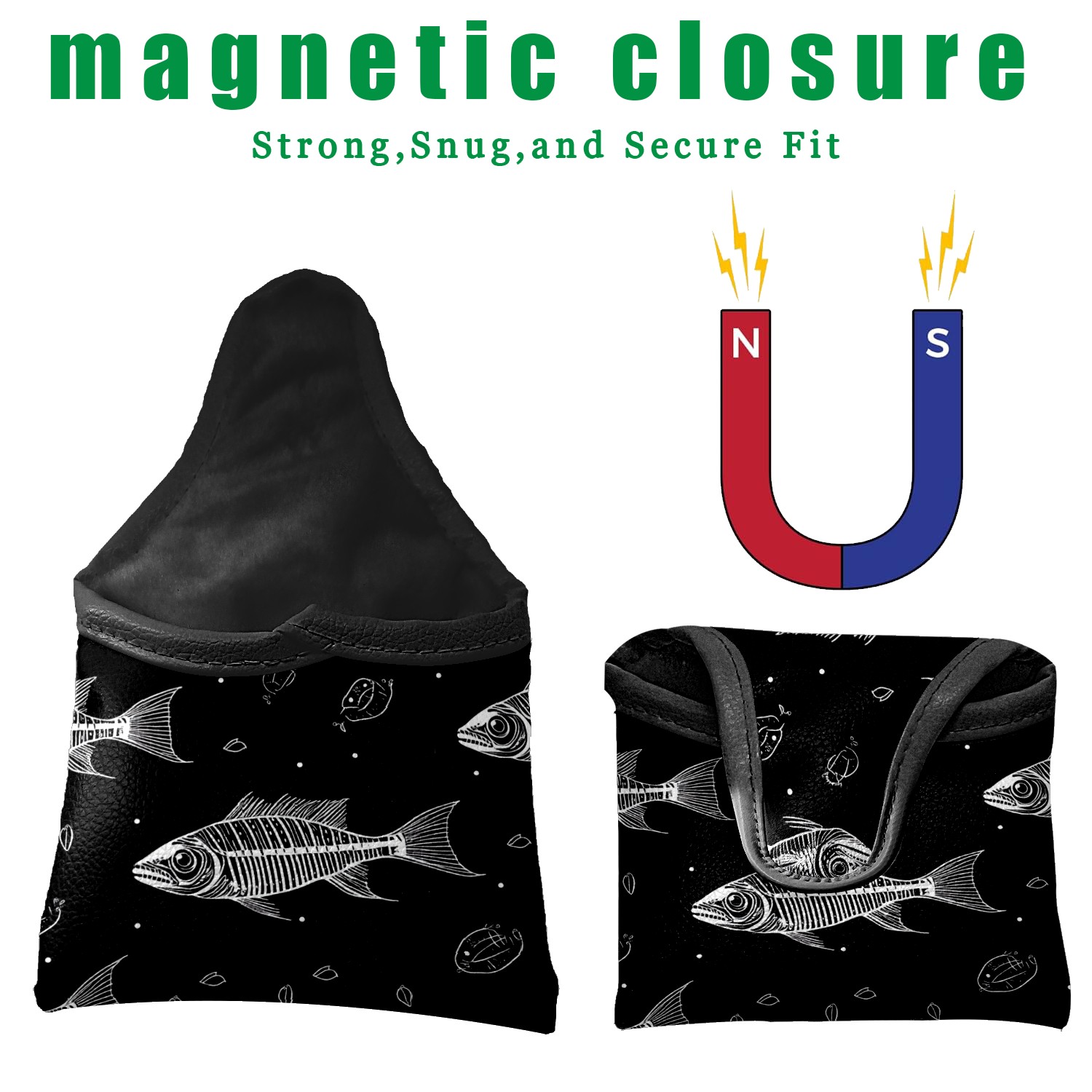 Golf Mallet Putter Cover Premium Leather Waterproof Golf Putter Head Cover with Magnetic Closure Cartoon Fish Bones