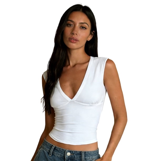 Camisetas sin mangas de verano para mujer, con estampado de lunares a la moda o color liso, corte ajustado, escote en V profundo, ideales para salir.