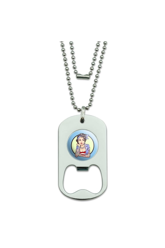Rockabilly Retro Pin Up Girl With Tattoos Military Dog Tag Bottle Opener Pendant
