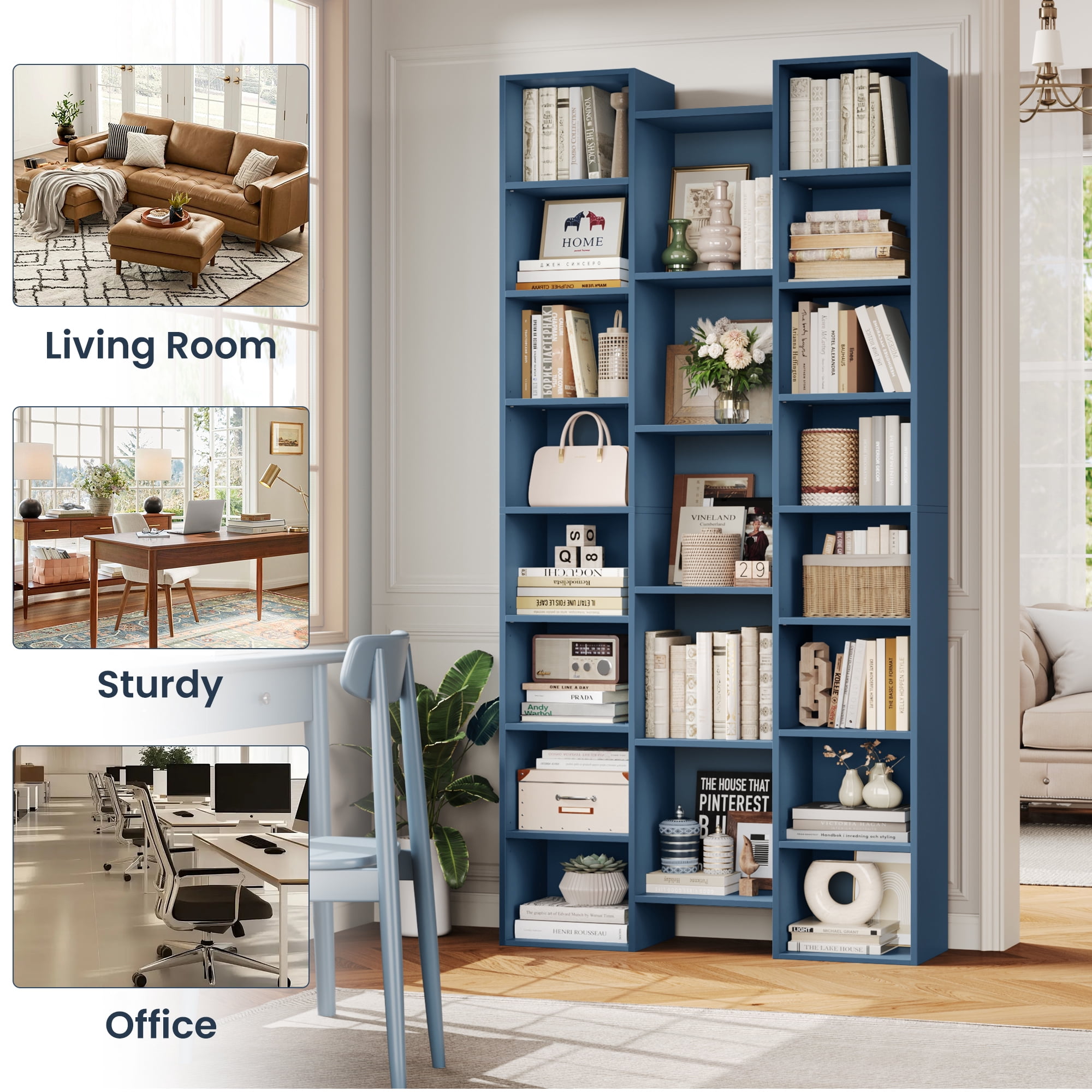 Homfa 21-Cube Bookcase, 71’’ Tall Wooden Bookshelves with Adjustable Shelves, Triple Wide CD Display Storage Organizer Shelf for Home Office, Blue