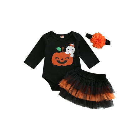 

Meihuida Baby Girls 3PCS Halloween Romper Suit Ghost Pumpkin Long Sleeve Snap Romper Ruffled Layers Triangle Pants Flower Headband Set