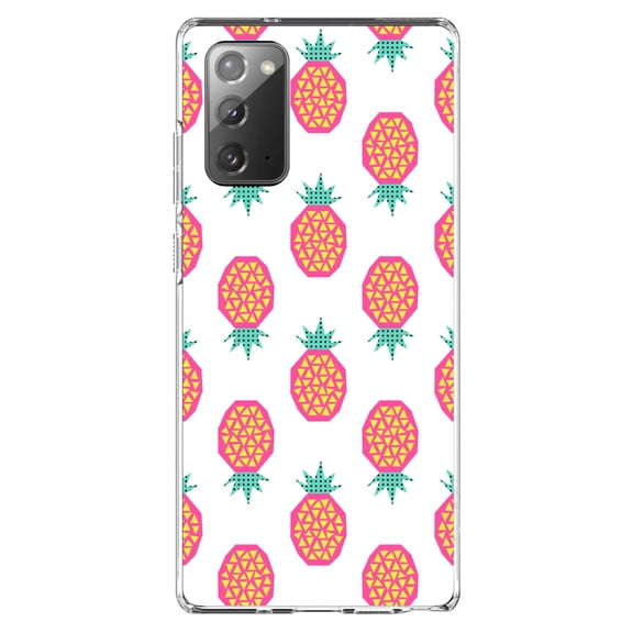 DistinctInk Clear Shockproof Hybrid Case for Samsung Galaxy Note 20 (6.7" Screen) - TPU Bumper, Acrylic Back, Tempered Glass Screen Protector - Summer Graphics - Pineapple Pattern - Pink