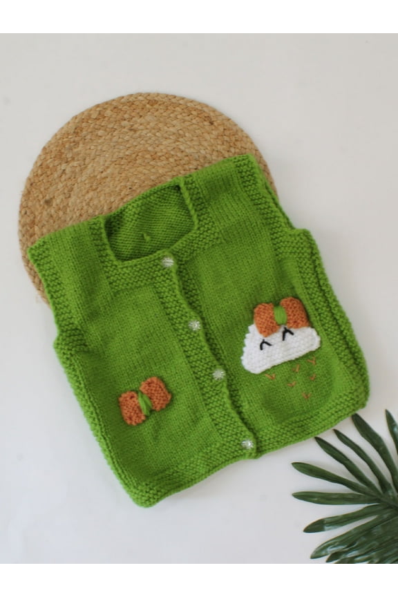 Handmade Sleeveless Cloud & Bow Detailing Sweater-Green