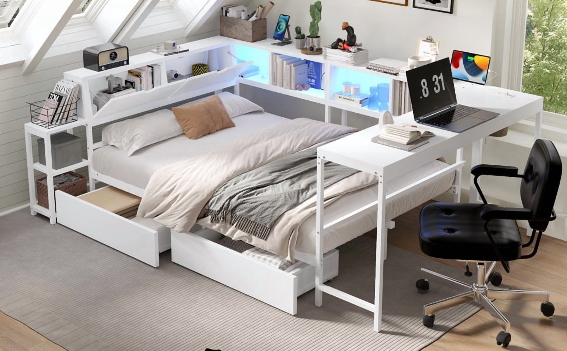 Corner Bed Frame Full Size with Bookcase and 2 Underbed Storage Drawers, Modern Bed with LED Light and Charging Station, Left and right interchangeable, White
