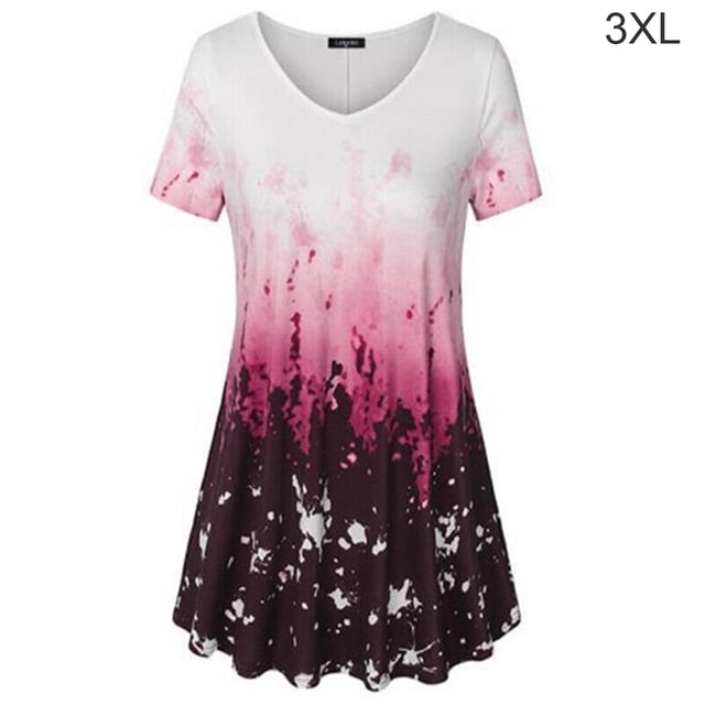 Camiseta de mujer Blusa informal con estampado degradado Vestido suelto con cuello en V, Rojo, 3XL Sweethay AP001902-30