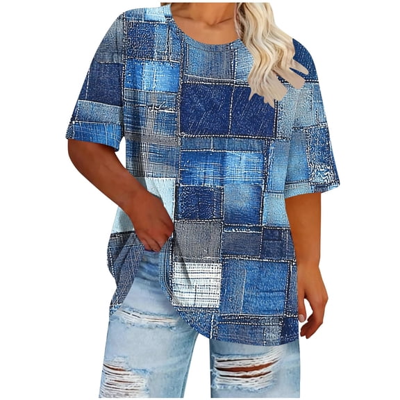 Plus Size Tops for Women with Prints Summer Trendy XL-5X Loose Fit Tee Shirt Short Sleeve Crewneck Tshirts (XL, Navy|Plaid)