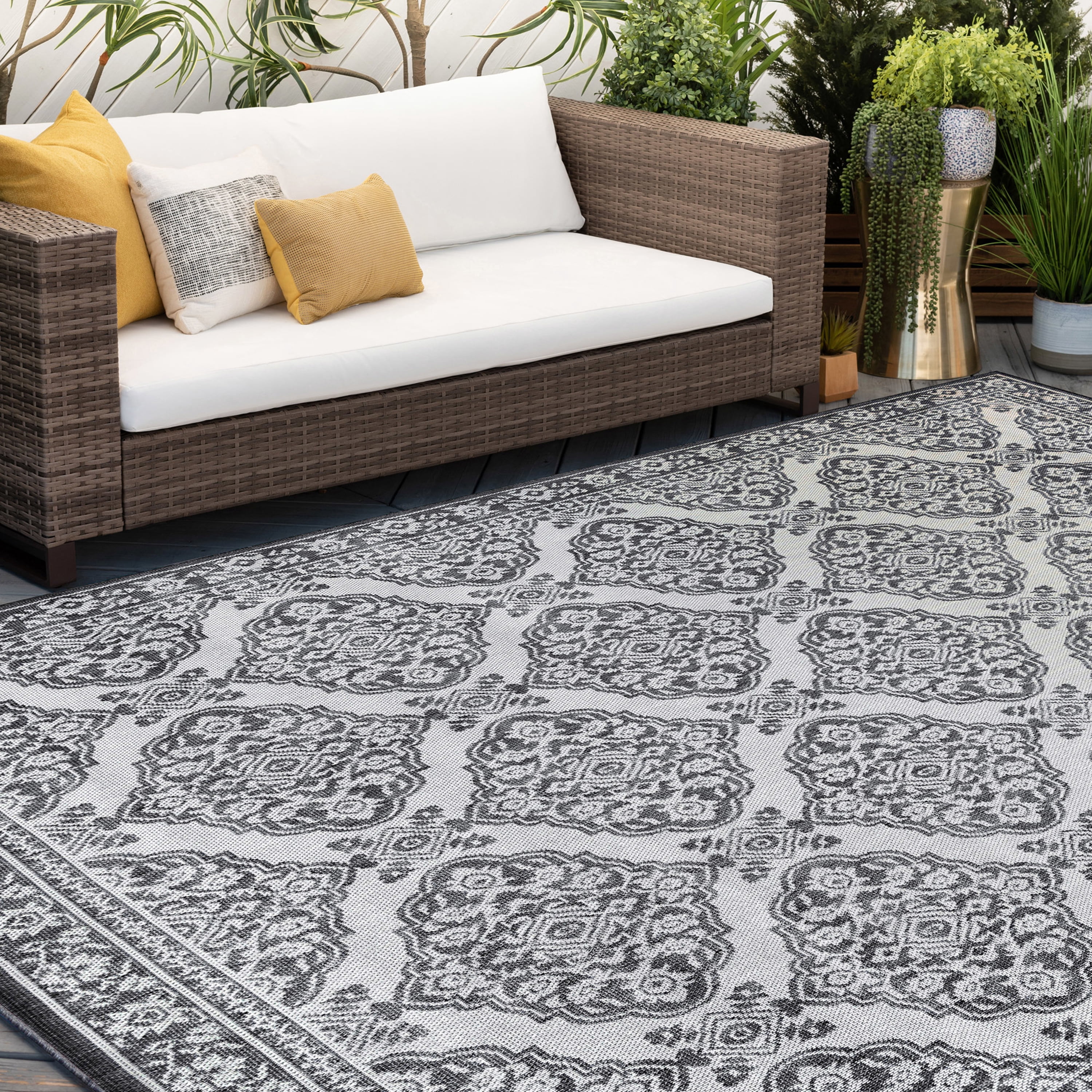 8ft Round Water Resistant, Large Indoor Outdoor Rugs for Patios, Front Door Entry, Entryway, Deck, Porch, Balcony | Outside Area Rug for Patio | Charcoal, Floral | Size: 7'11'' Round