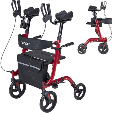 VEVOR Rollator Walker with Seat for Seniors, Foldable Rolling Walker, Lightweight Aluminum Mobility Walking Aid with PVC Solid Wheels, Adjustable Handle, Storage Bag, Cup/Cane Holder- Supports 300LBS