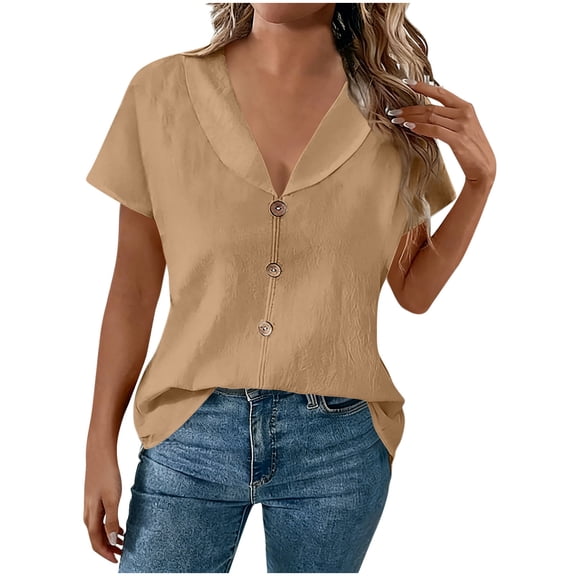cocolona Womens Summer Linen Shirts Fashion Solid Color Short Sleeve Button V Neck Tops Casual Loose Fit Blouses