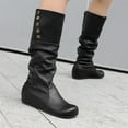 thumbnail image 4 of Slouchy Boots for Women Hidden Wedge Low Heel Retro Leather Round Toe Adjustable Button Fold Over Mid Calf Booties, 4 of 7
