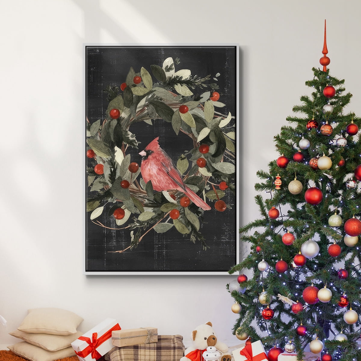 Christmas Cardinal I - Framed Gallery Wrapped Holiday Canvas - 17 x 25 - White Frame