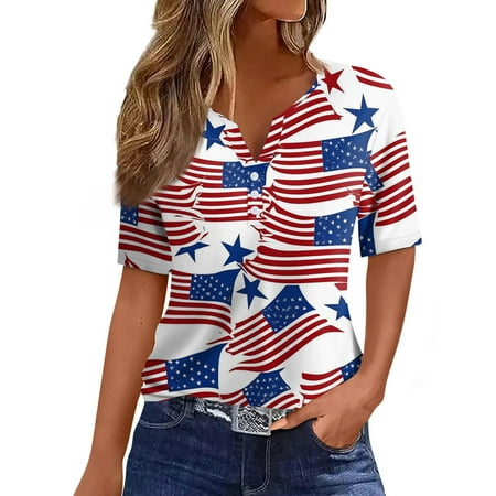 Tops For Women 2025  4Th Of July Print T Shirt Button V Neck Short Sleeve Daily Weekend Basic Top Heart Shirt Women S Plus Size Tops Tank Woman Corset Tops Tank Tops Camisole (L  Vermilion) ZMTing