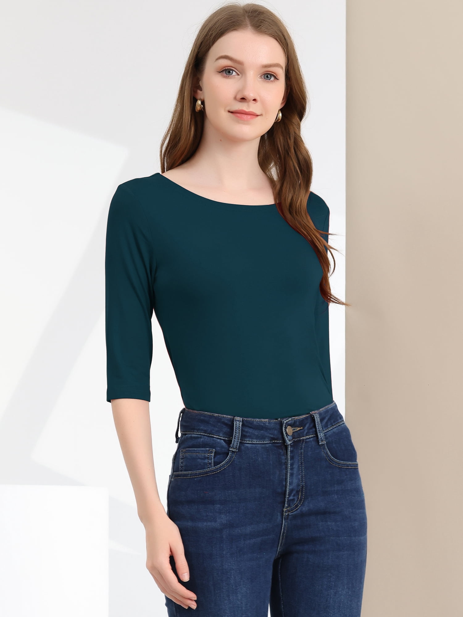 DARING DIVA Women's Elbow Sleeves Boat Neck Slim Fit Classic Tee S Dark Green