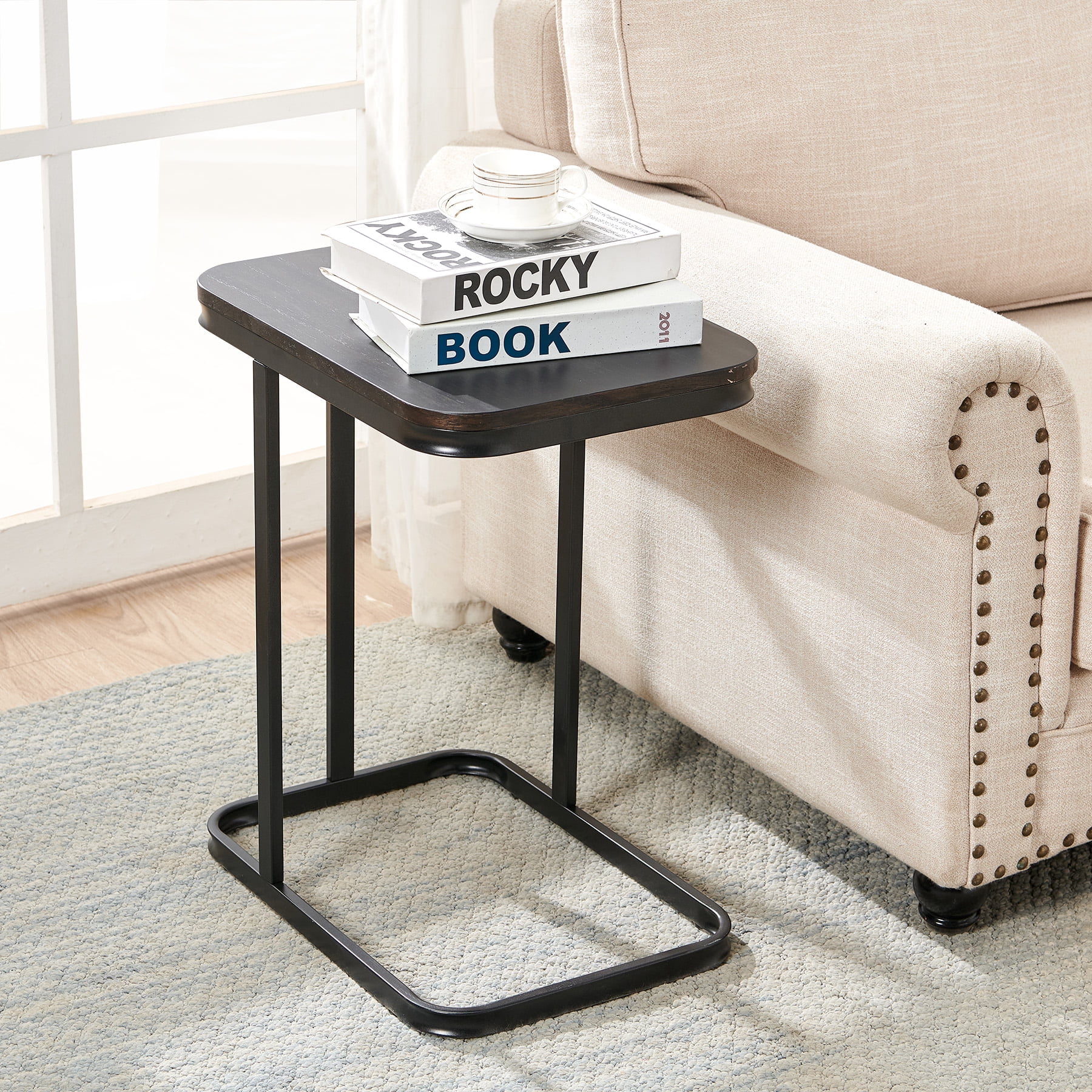 Nathaniel Home 23" H C-Shaped Sofa Side End Table, legant Modern Sofa Side Table, Square End Tables, with Painted Metal Frame, Black/Black