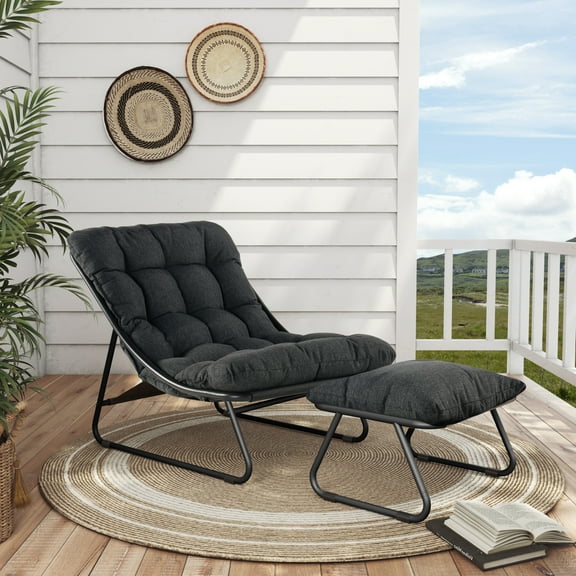 Grand Patio Outdoor Lounge Chair with Ottoman, Comfy Sling Recliner Set, Puffy Cushion, Samba Modern Steel Furniture, Dark Gray