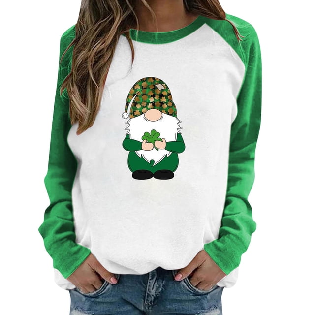 Spring Tops for Women Raglan Long Sleeved Top New Raglan Saint Dwarf Print Spliced T Shirts for Women Mint Green L