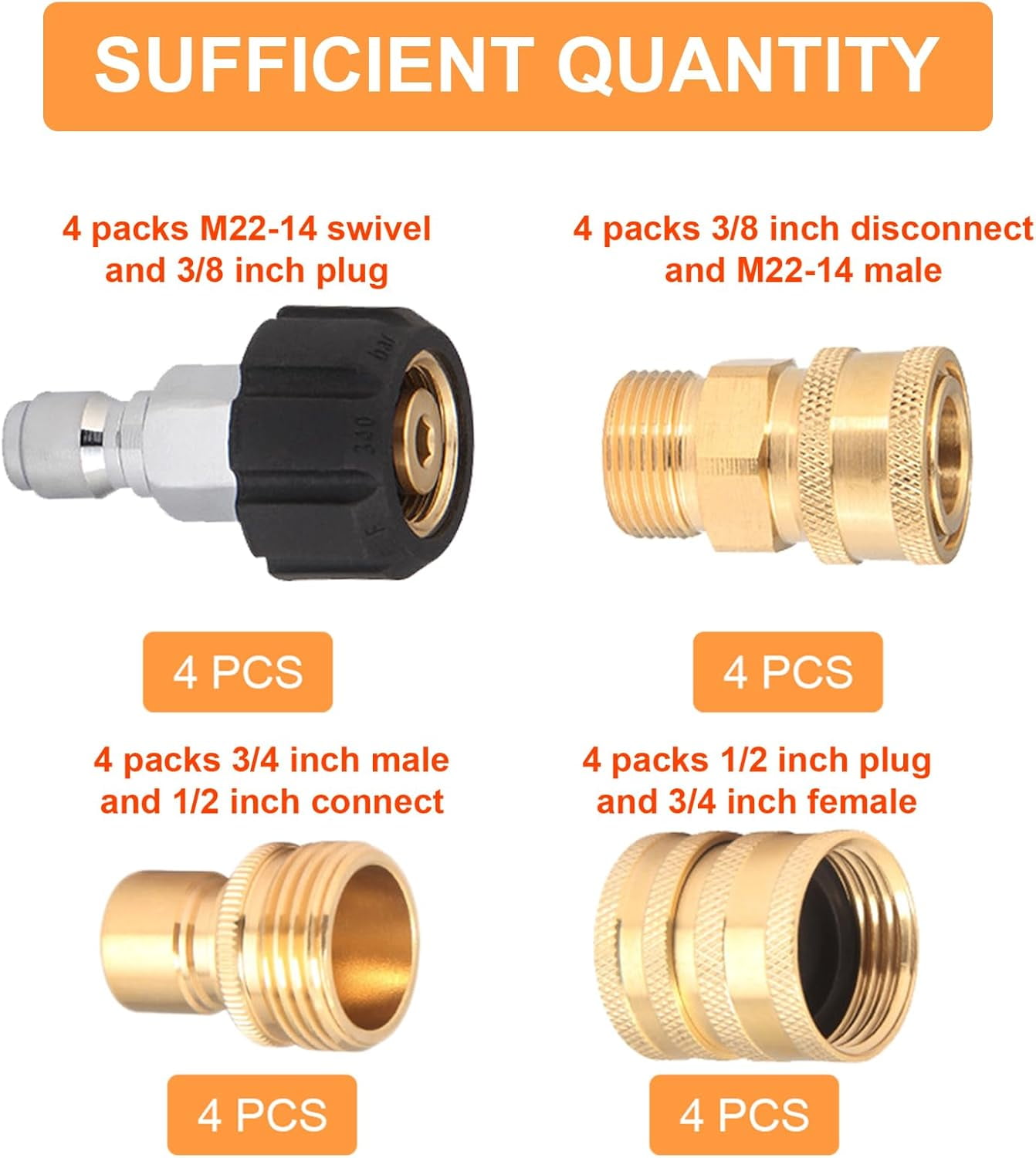 16 Packs Pressure Washer Adapter Set Quick Disconnect Kit 3/8 Inch to Quick Release Plug M22 Swivel to 1/2 Inch Quick Connect Hose Fittings Kit 3/4 Inch Swivel Female Male for Garden Hoses