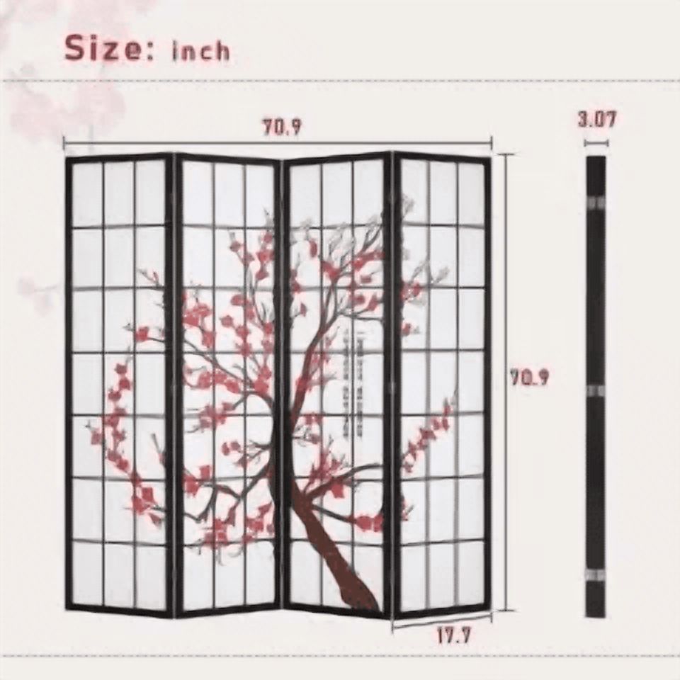 CL.HPAHKL 6Ft Tall 4 Panel Oriental Shoji Screen Room Divider, Portable Freestanding Partition Screen, Folding Privacy Divider With Oil Canvas for Room Separation, Dressing, Plum Blossom