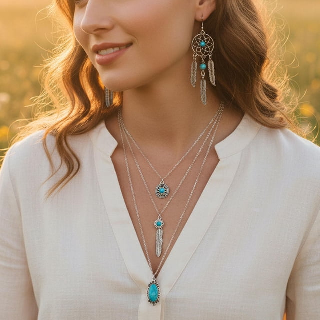Conjunto de 3 piezas de joyería : gargantilla largo hecho a mano para festivales y vacaciones.