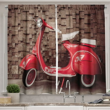 Ambesonne Vintage Kitchen Curtains, Retro Nostalgic Scooter, 55"x39", Red Umber