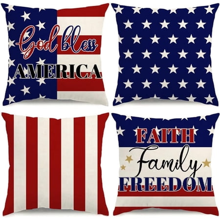 4th of July Pillow Covers 12×20 Stripes Independence Day Decorations God Bless America Flag Stars Patriotic Throw Pillow Covers Memorial Day Cushion Case for Sofa Couch Set of 4