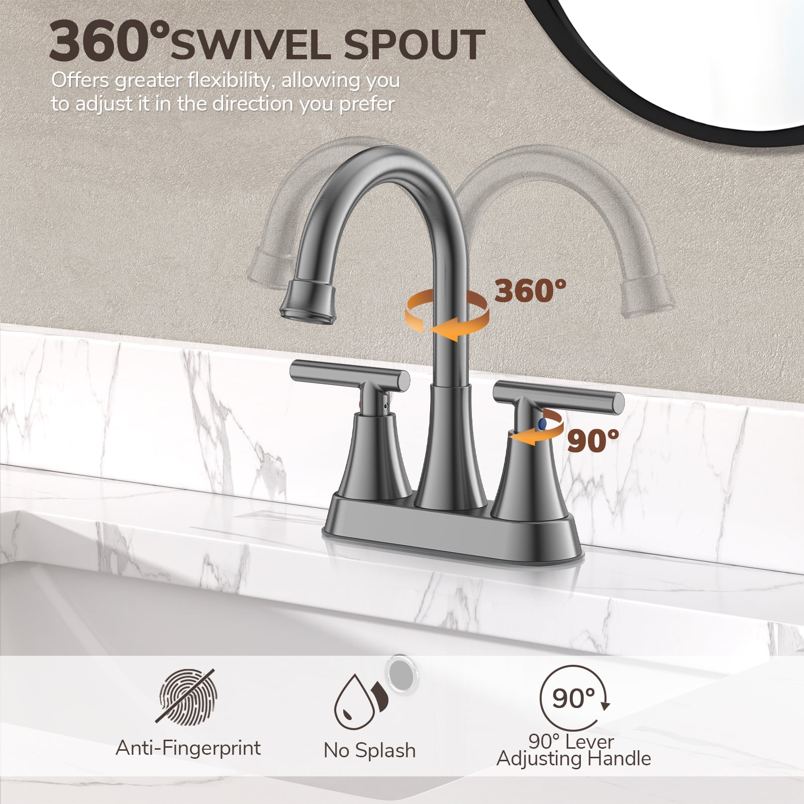 KINGTACK Bathroom Faucets, 4 inch Brushed Grey Bathroom Sink Faucet, Stainless Steel Lead-Free 2-Handle Centerset Faucet with Pop-up Drain and 2 Supply Hoses, Fits 2 or 3-hole Sink