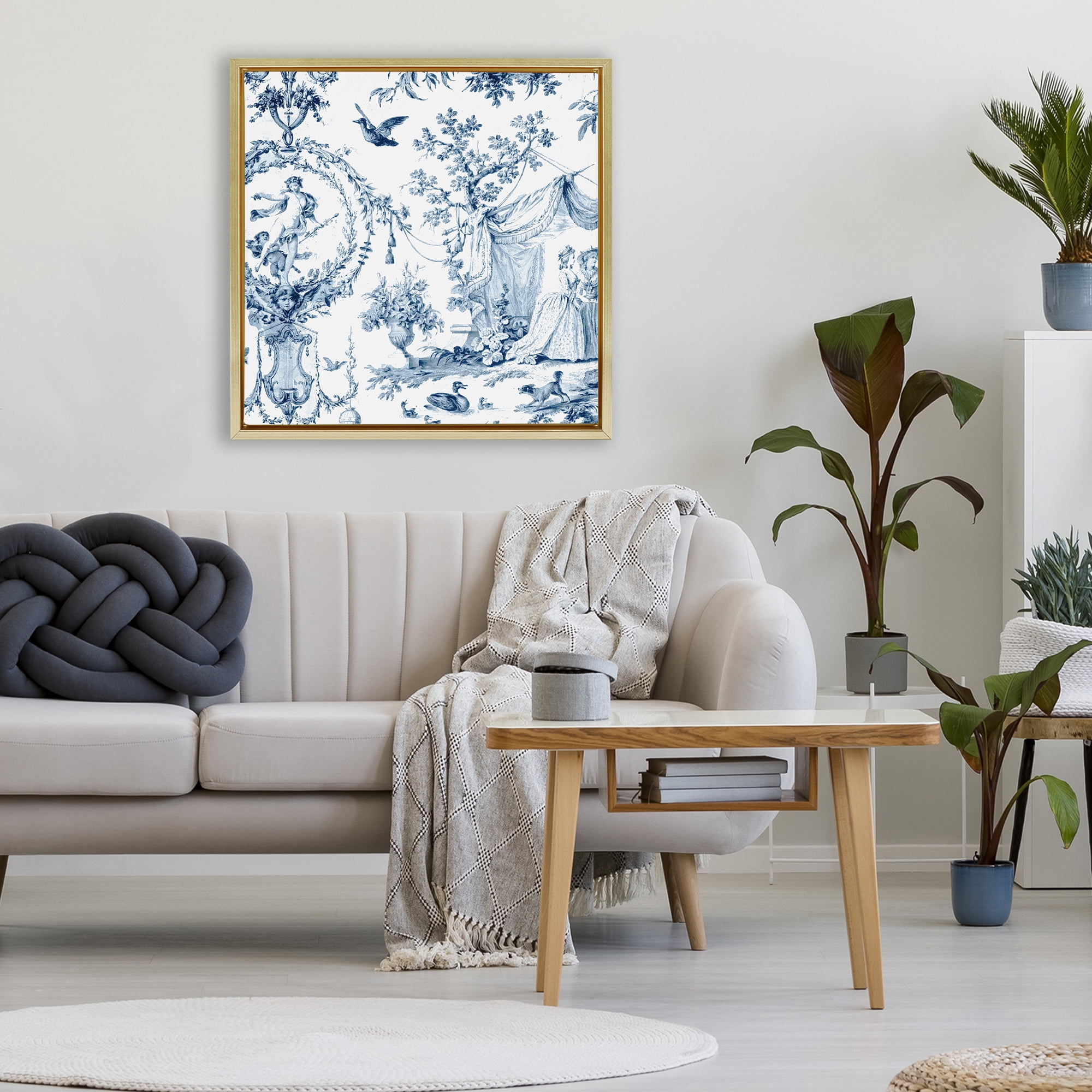 Classic Toile Scene Gold Framed Floater Canvas Wall Art, design by Vintage Hustle
