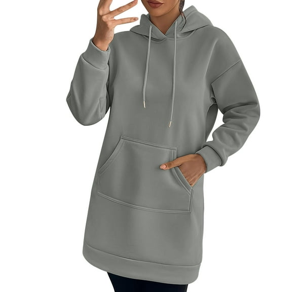 Hoodie Dresses for Women Long Sleeve Solid Color Hooded Sweatshirt Drawstring Dress With Pockets