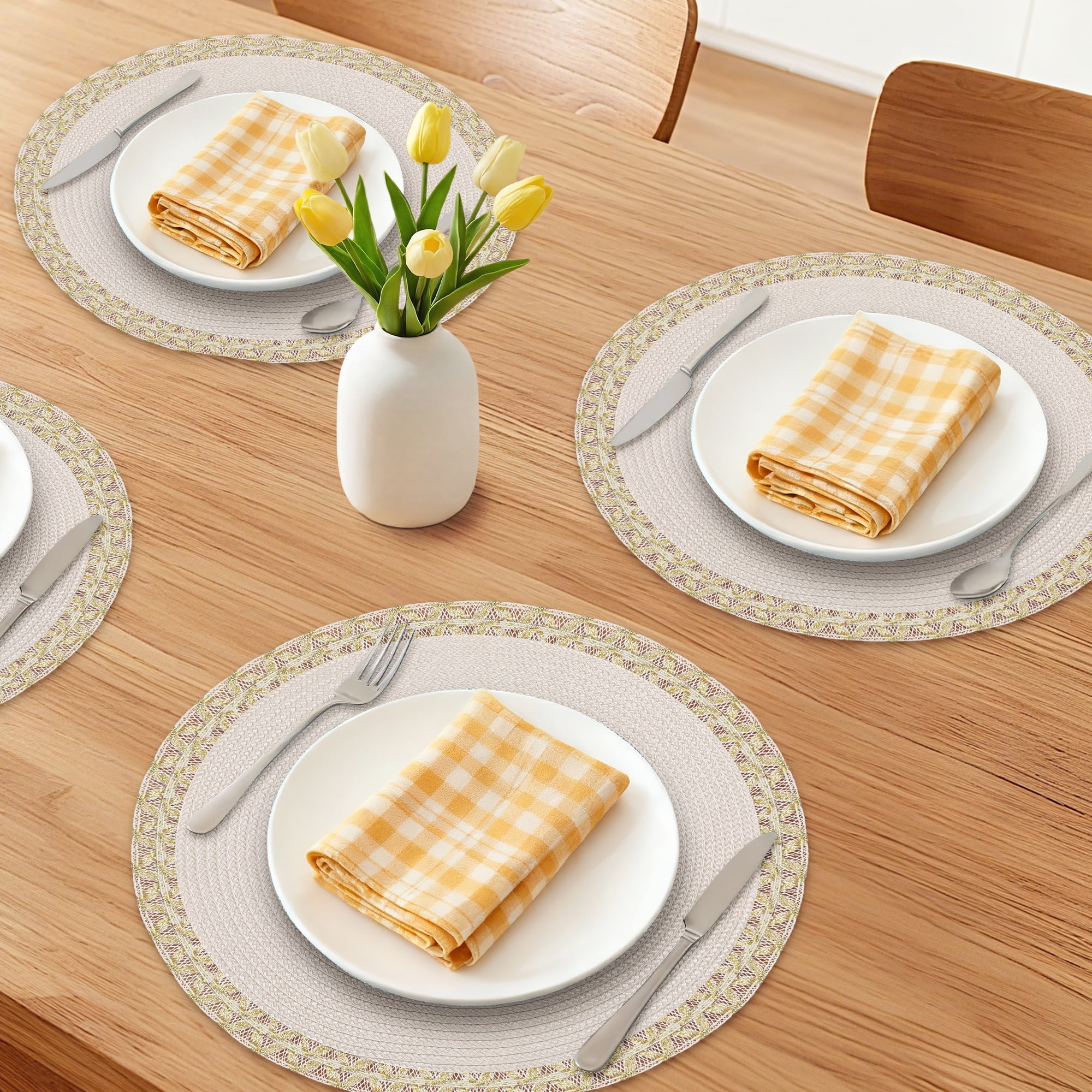 Unique Bargains Rustic Placemats 6 Pack Round Woven Placemats Beige 15x15inch