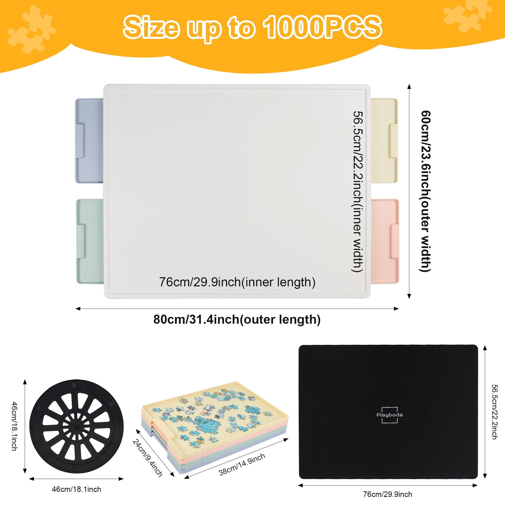 Playboda 1000 Piece Rotating Plastic Puzzle Board with 4Drawers and Cover, 30"x22" Portable Jigsaw Puzzle Table for Adults