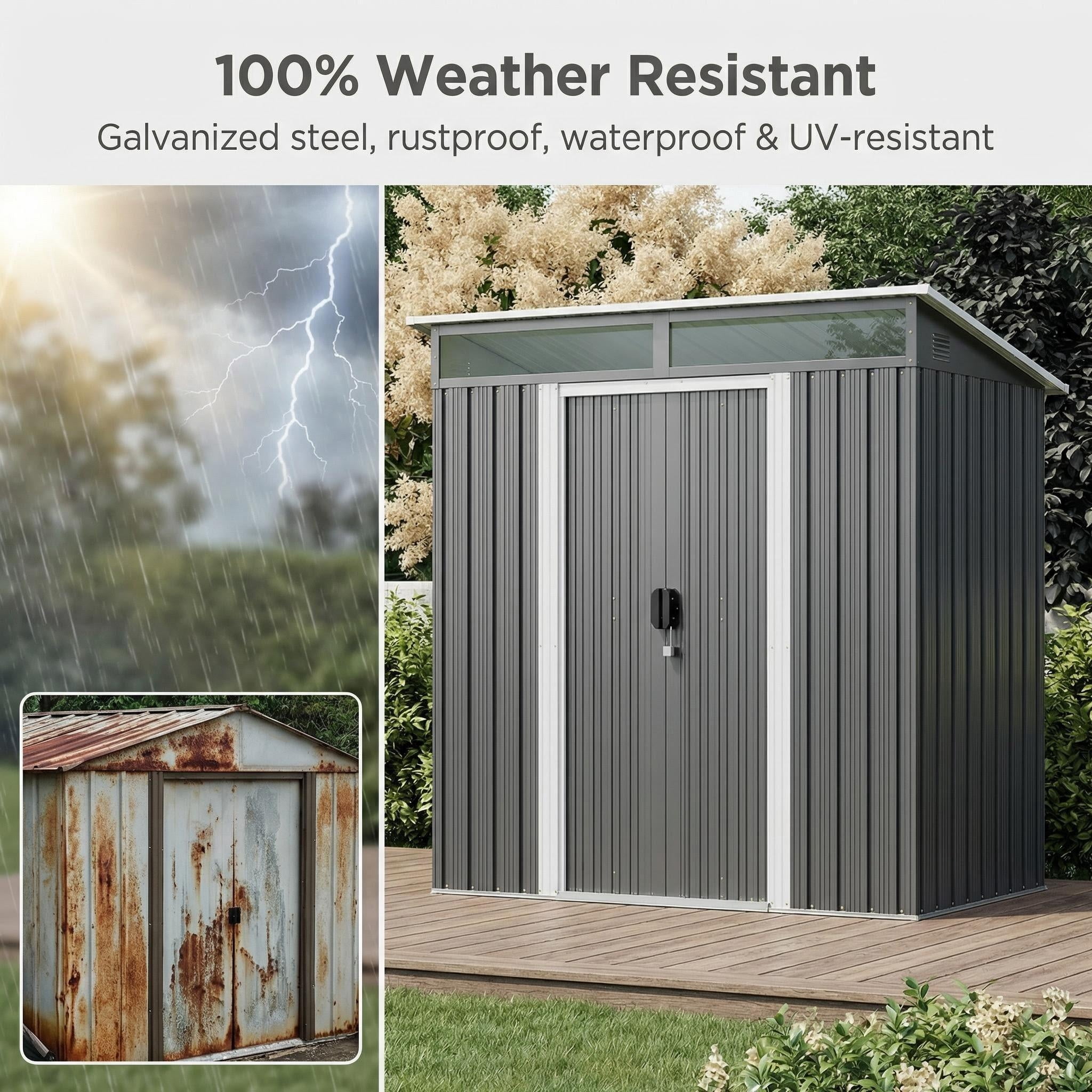 Lofka 6x4 ft Outdoor Storage Shed, Galvanized Steel Garden Tool Shed with Lockable Door, Waterproof Metal Shed for Backyard, Bike, Dark Grey