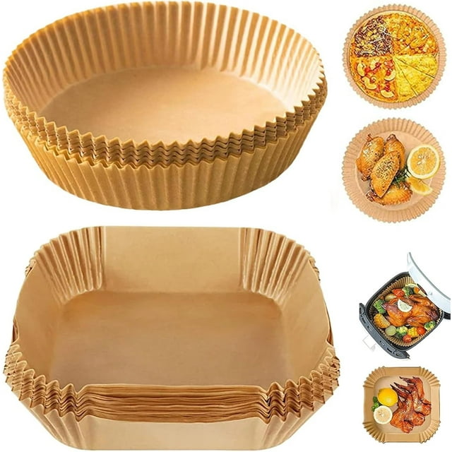 100 Pcs Papier Jetable pour Friteuse à Air Chaud, Papier de Cuisson de 6,3 Pouces pour Friteuse à Air Résistant à l'Huile, Résistant à l'Eau, Parchemin pour Cuisson, Rôtissage, Micro-Ondes (Rond 50 Pcs + Carré 50 Pcs)