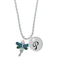 thumbnail image 1 of Delight Jewelry Silvertone Dragonfly with Green & Blue Wings Silvertone Script Initial Disc - P - Charm Necklace, 20"+3", 1 of 4