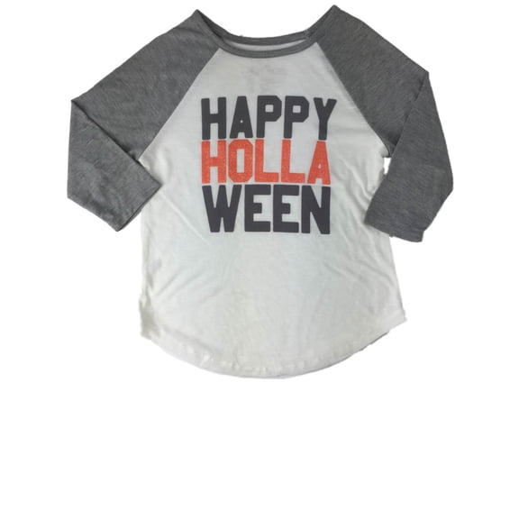 Girls Happy Hollaween Gray White & Orange Glitter Halloween Baseball T-Shirt