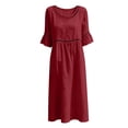 thumbnail image 6 of Guieoi Womens Dresses Plus Size Round-Neck Solid-Color Cotton-Linen Short-Sleeve Lace-Trimmed Ruffled-Sleeve Dress Red L, 6 of 6
