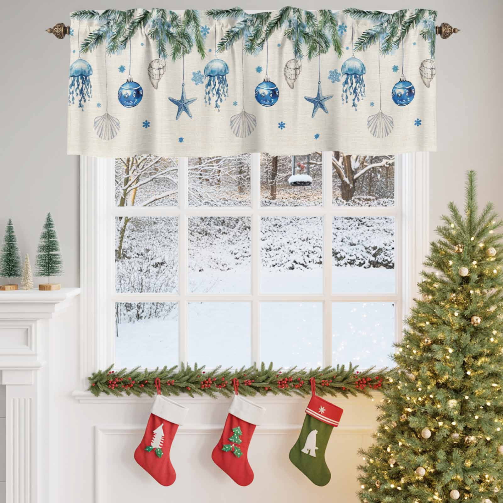 Christmas Bell Starfish Shells Pine Needles Valances for Windows,Kitchen Valance Rod Pocket Short Curtain,Xmas Snowflakes Retro Linen Valance Curtain Window Valances for Bedroom 54x18in