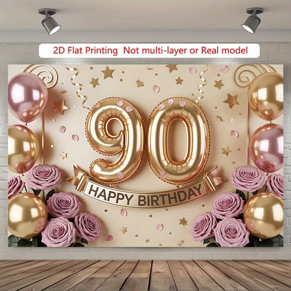 Elegant 90th Birthday Backdrop Pink Golden Balloons Number 90 Photography Background Pink Purple Floral 90th Happy Birthday Party Decorations Banner Supplies Photo Booth Props
