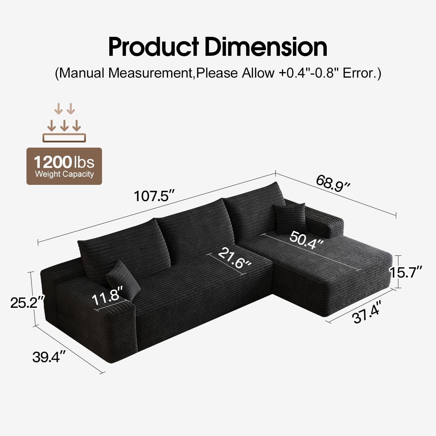 Sailvan 107" Cloud Sectional Couch, Cloudy Sofa with L-Shape Chaise, Upholstered Couches for Living Room & Bedroom, No Assembly Required, Plush Corduroy Fabric, Black
