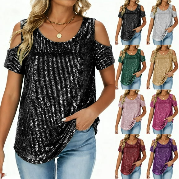 Otntypg Sequin Tops for Women Sparkly Glitter Shirts Cold Shoulder V Neck Flowy Tunic Blouse Party Tanks Club Concert Fall Spring Fashion Going Out Blouses Pink XXL