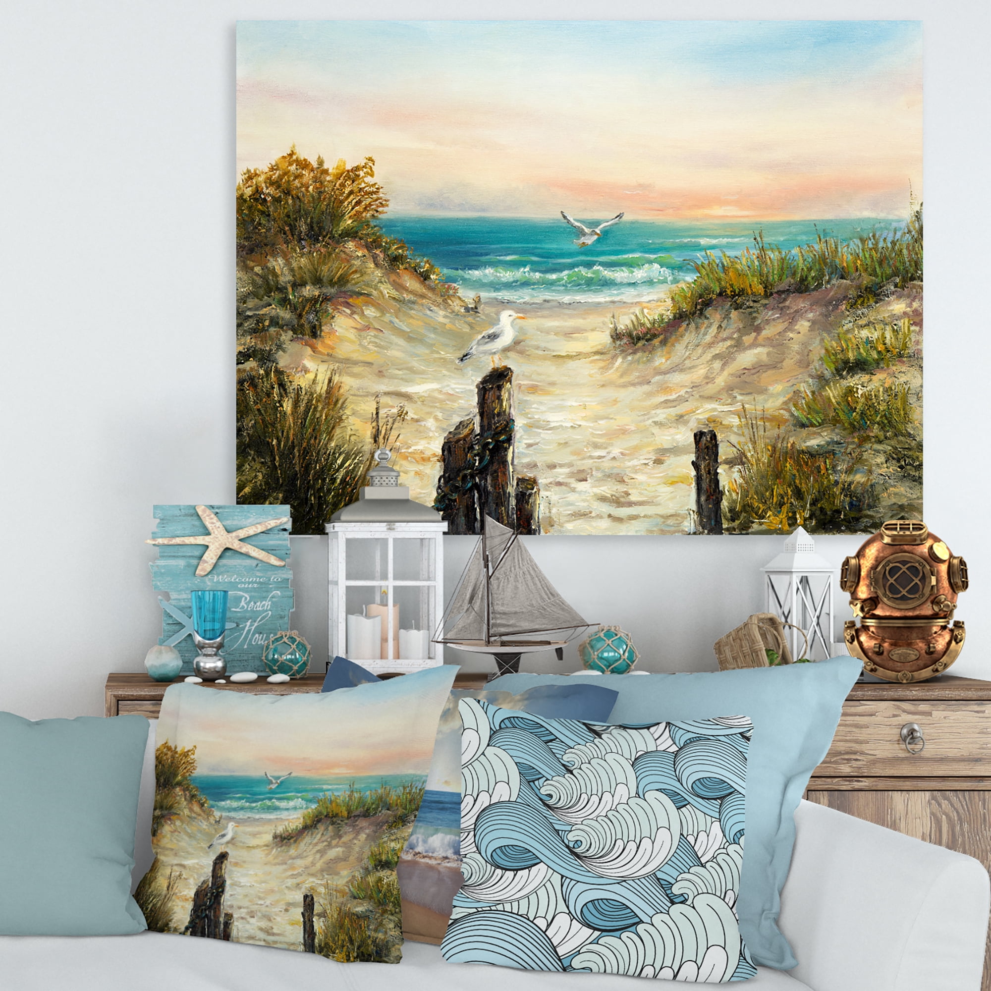 Designart ' Ocean Dunes During Pink Sinset on Beach ' Nautical & Coastal Canvas Wall Art Print