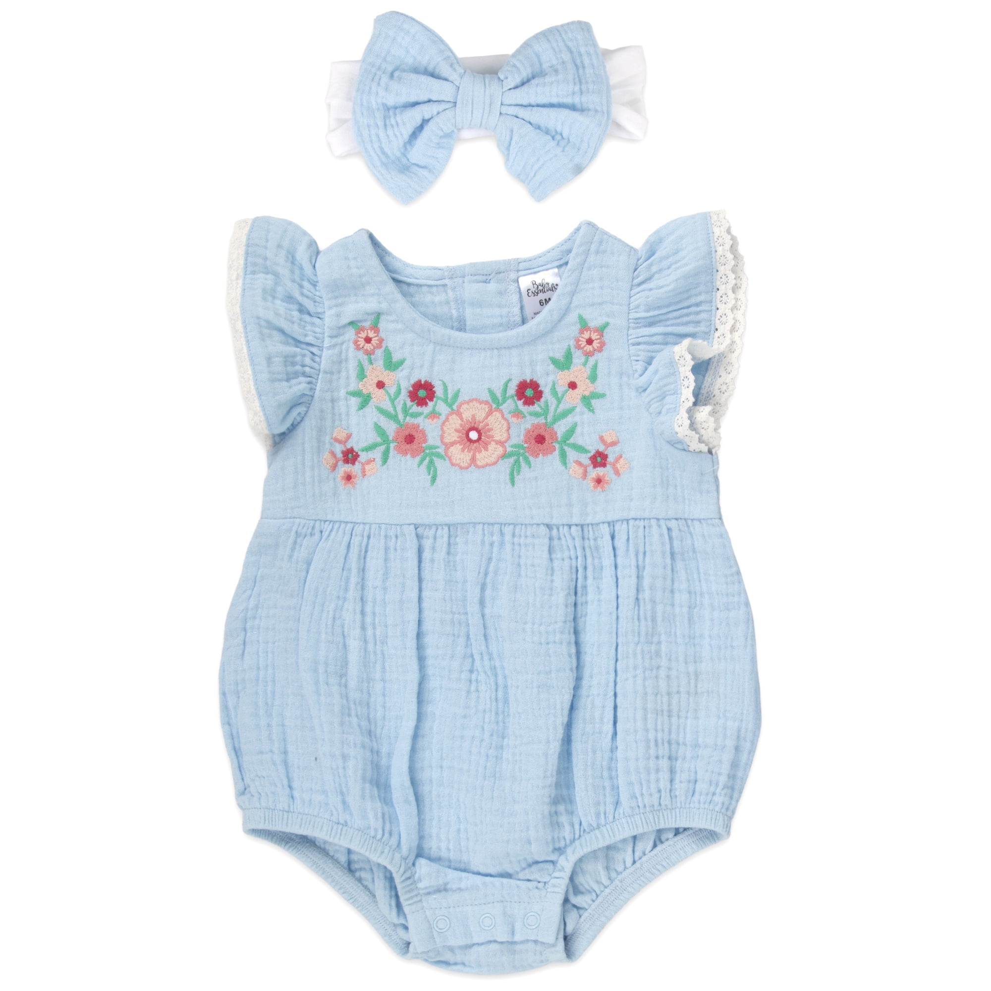Baby Essentials 9 Months Infant Girls Romper with Matching Headband 100% Cotton Spring Summer Outfit in Blue Floral Multi
